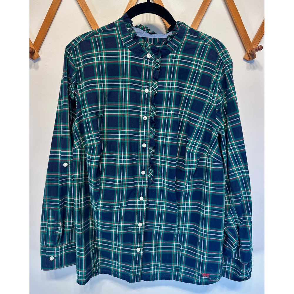 Talbots Plaid Ruffle Button Down Shirt Navy Green Cotton 18 Petite 18WP